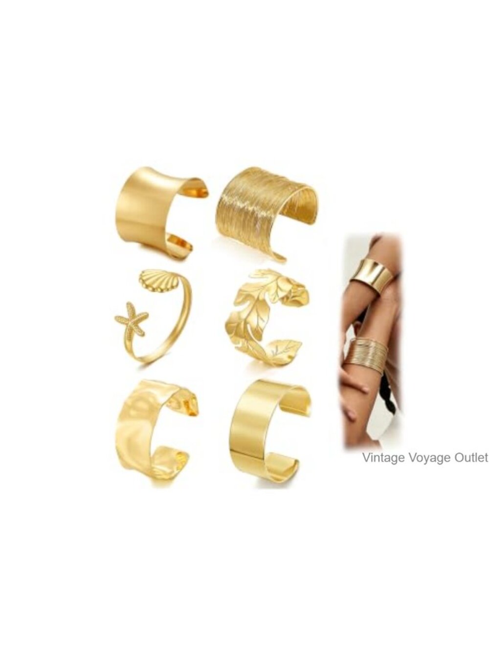 Gold Cuff Bracelet Set 6pc Adjustable 14K Plated Stackable Boho Jewelry
